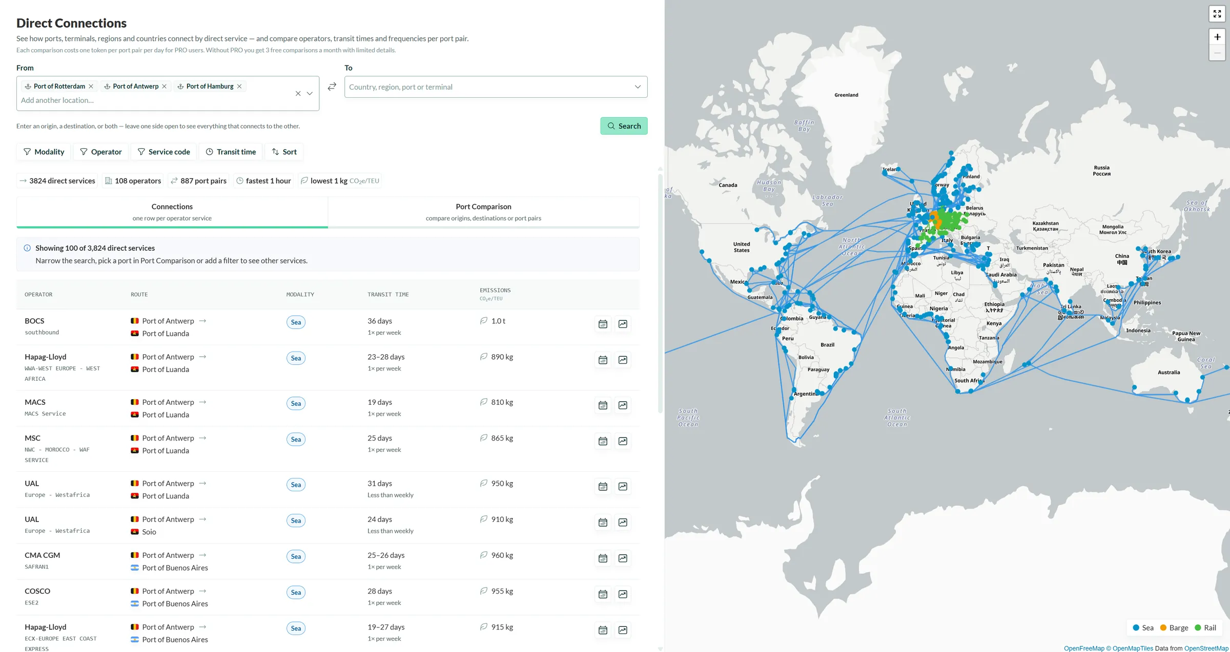 Direct Connections results for Antwerp, Rotterdam and Hamburg: a list of direct services with operator, route, modality, transit time and CO₂e per TEU, next to a map of the connections