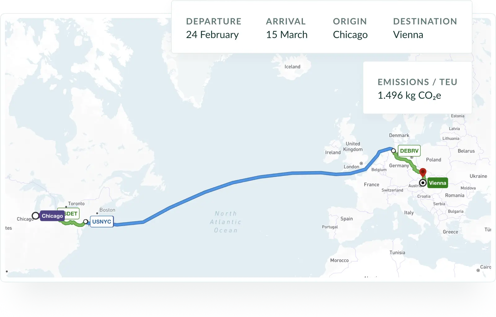 Map showing a route and it's emissions